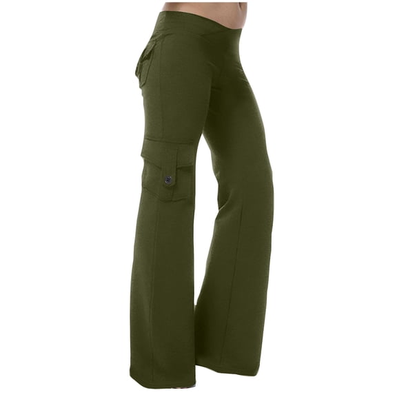 Fengqque Women's Fashion Casual Elastic Waist Self-cultivation Pocket Work Pants Yoga Pants Flared Pants Army Green 8(L)