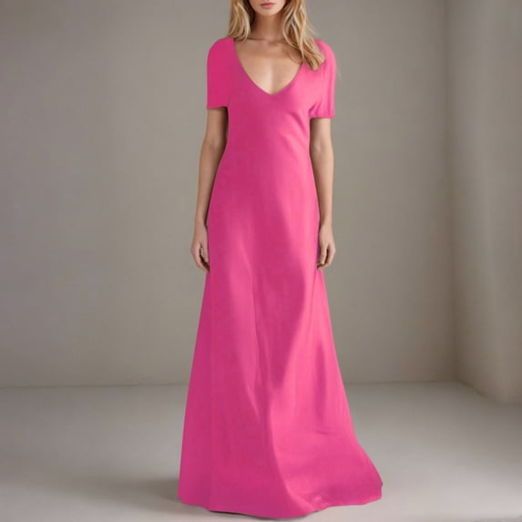 Fengqque Women's Fashion Casual Plus Size Solid Color Short Sleeve V-neck Long Dress Hot Pink 10(XL)