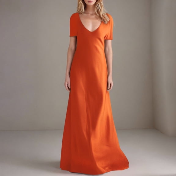 Fengqque Women's Fashion Casual Plus Size Solid Color Short Sleeve V-neck Long Dress Orange 4(S)