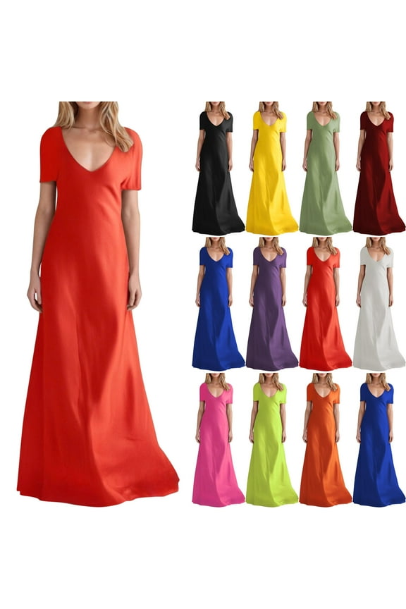 Women's Fashion Casual Plus Size Solid Color Short Sleeve V-neck Long Dress Yellow 4(S)