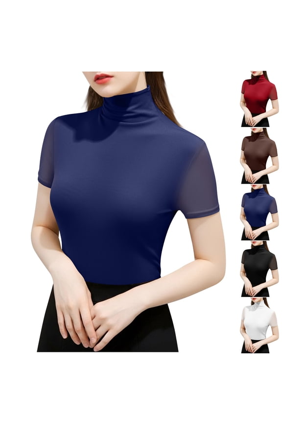 Women's Fashion Casual Short Sleeve High Neck Mesh Tight Fitting Comfortable Base Shirt White XL(XL)