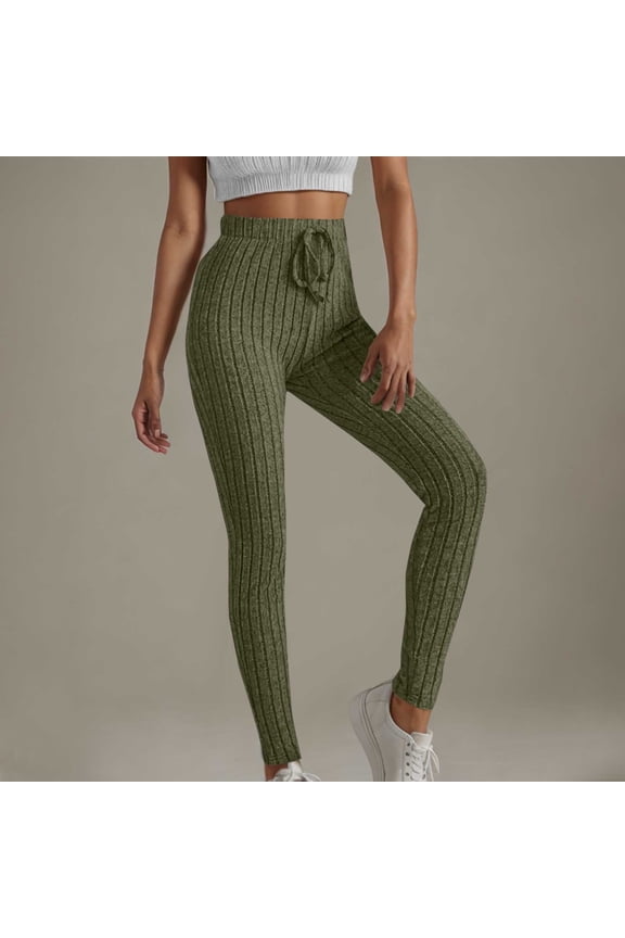 Women's Fashion Casual Solid Color Elastic Drawstring Waist Knitted Brushed Leggings Casual Pants Army Green 8(L)