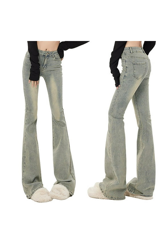 Women's Fashion Casual Solid Color Elastic Waist Button Slim Fit Elastic Flared Pants Jeans with Pockets Blue XXL