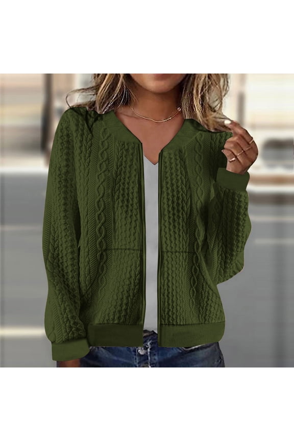 Women's Fashion Casual Solid Color Long Sleeved Round Neck Loose and Comfortable Top Jacket Army Green L(L)