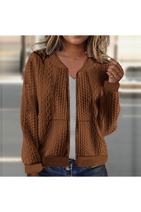 Women's Fashion Casual Solid Color Long Sleeved Round Neck Loose and Comfortable Top Jacket Brown M(M)