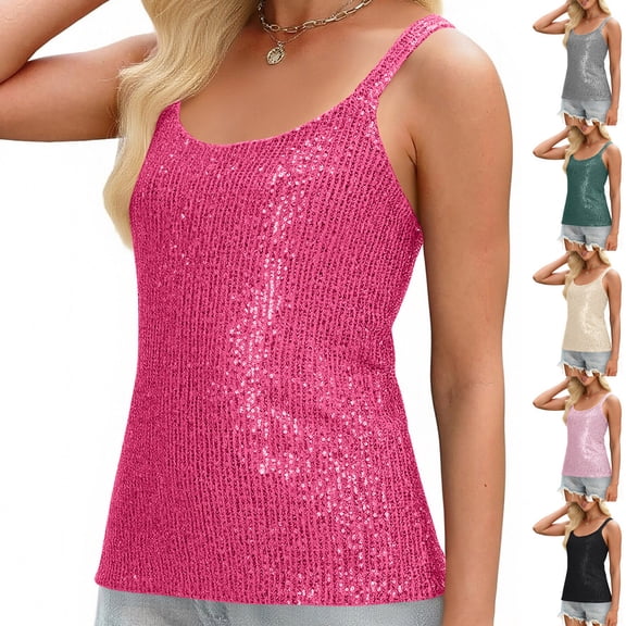 Fengqque Women's Fashion Casual Solid Color Sequined Sleeveless Round Neck Suspenders Vest Pink XL(XL)