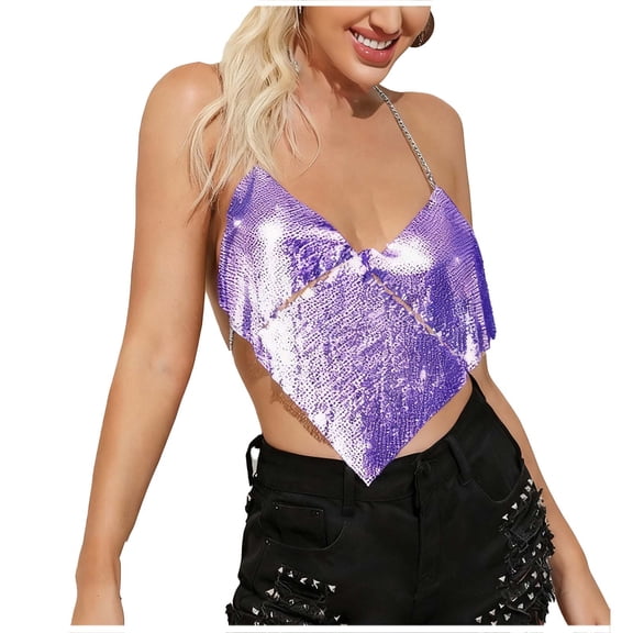 Fengqque Women's Fashion Metallic Glitter V-neck Hanging Neck Camisole Vest Dance Party Vest Top Purple Free Size