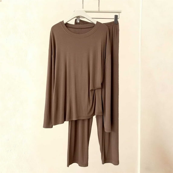 Fengqque Women's Fashion Round Neck Long Sleeve Pants Solid Color Casual Modal Pajama Set Coffee XXL(XXL)
