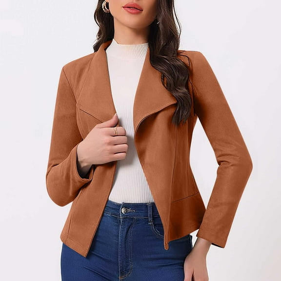 Fengqque Women's Fashionable Faux Suede Casual Blazer Lapel Collar Long Sleeve Work office Short Top Jacket Orange L(L)