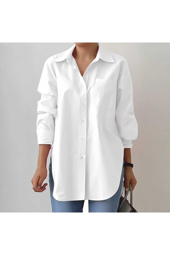 Women's Fashionable and Comfortable Collar V Neck Long Sleeve Slit Split Hem Button Down Long Shirt Blouse Top White 6(M)