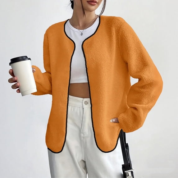Fengqque Women's Fashionable and Comfortable Long Sleeve Round Neck Loose Cardigan Soft Jacket Orange L(L)