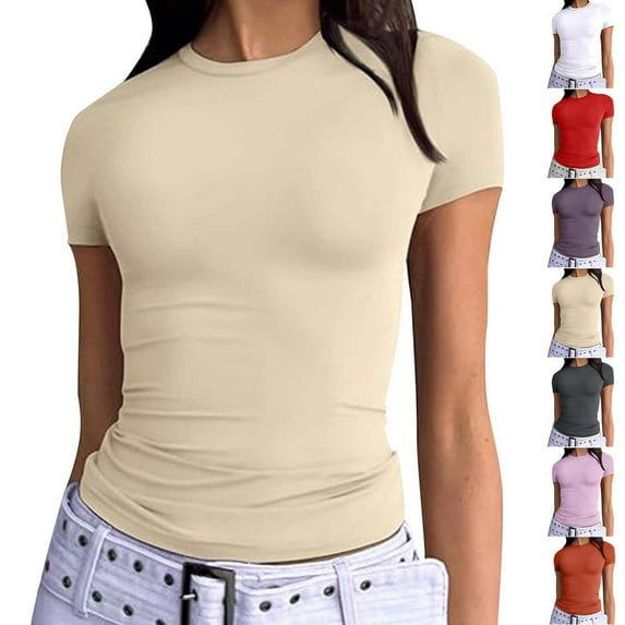 Fengqque Women's Fashionable and Comfortable Solid Color Short Sleeve Round Neck Tight Fitting Casual T-shirt White XS(XS)