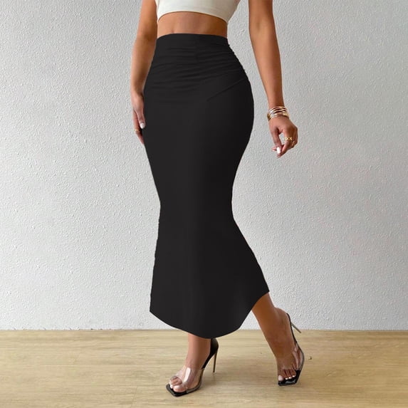 Fengqque Women's Fishtail Skirt Elegant Solid Color Ruched Skinny Bodycon Ruffle Long Skirts Women's Midi Skirt Black M(M)