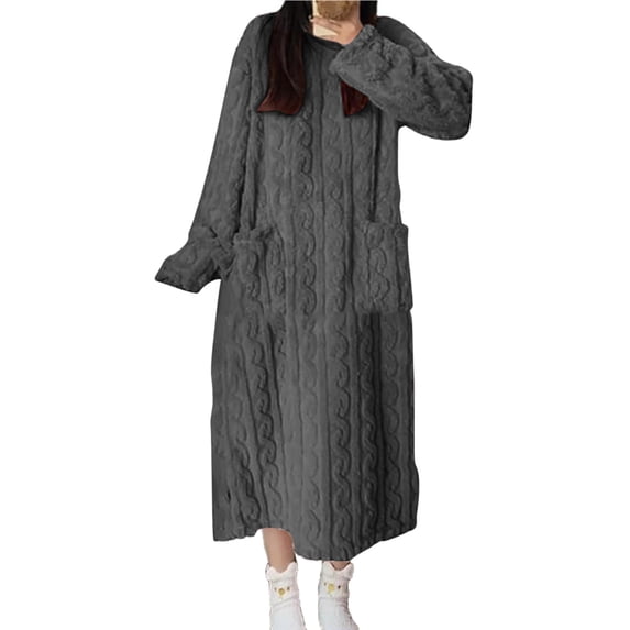 Fengqque Women’s Flannel Nightgown Fuzzy Fleece Warm Winter Long Sleeve thermal Loungewear Sleep Dress Dark Gray