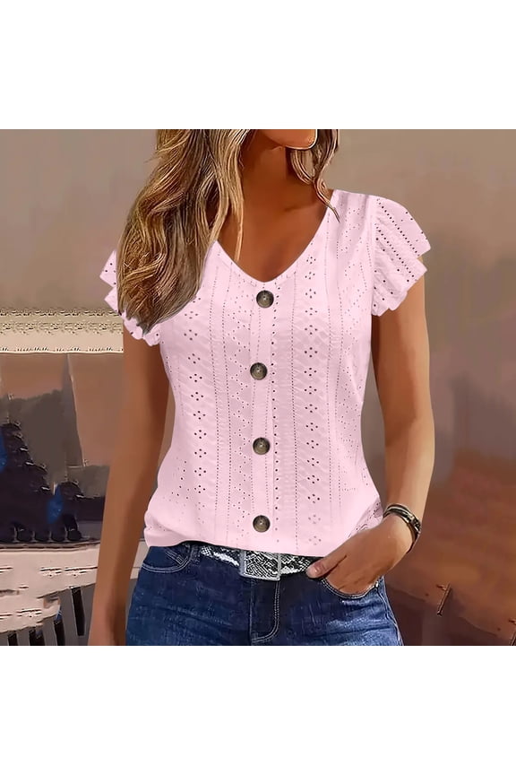 Women's Flutter Sleeve V Neck Shirt Eyelet Embroidered Button Front Solid Color Slim Fit T-Shirts Pink M(M)