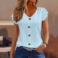 thumbnail image 1 of Fengqque Women's Flutter Sleeve V Neck Shirt Eyelet Embroidered Button Front Solid Color Slim Fit T-Shirts Sky Blue S(S), 1 of 4