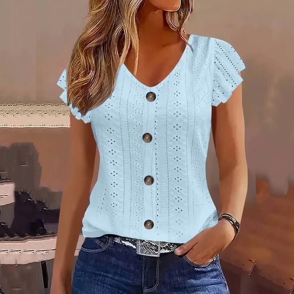 Fengqque Women's Flutter Sleeve V Neck Shirt Eyelet Embroidered Button Front Solid Color Slim Fit T-Shirts Sky Blue S(S)