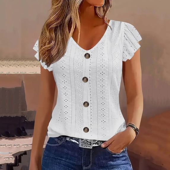 Fengqque Women's Flutter Sleeve V Neck Shirt Eyelet Embroidered Button Front Solid Color Slim Fit T-Shirts White XL(XL)