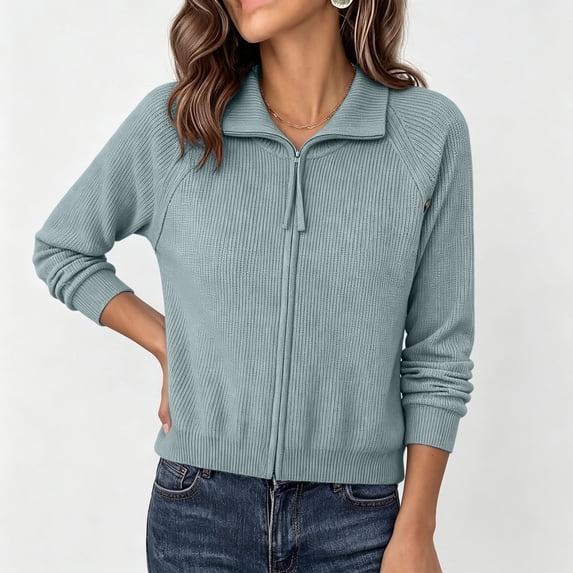 Fengqque Women’s Full Zip Ribbed Knit Polo Collar Cardigan Jackets Fall Casual Raglan Long Sleeve Loose Fit Solid Color Zip Up Sweater Outerwear Tops Blue Free Size