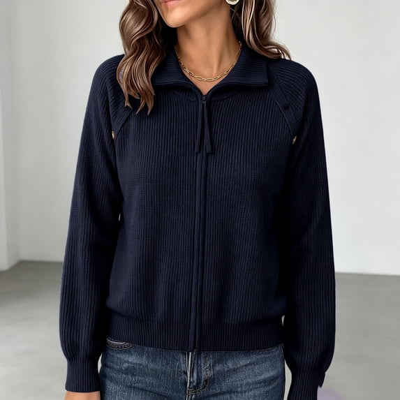 Fengqque Women’s Full Zip Ribbed Knit Polo Collar Cardigan Jackets Fall Casual Raglan Long Sleeve Loose Fit Solid Color Zip Up Sweater Outerwear Tops Navy Free Size