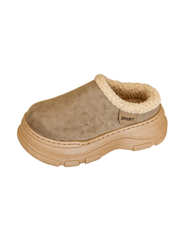Women's Furry Lined Platform Slip On Mule Shoes, Winter Suede Round Toe Thick Sole Warm Slippers Khaki 5.5