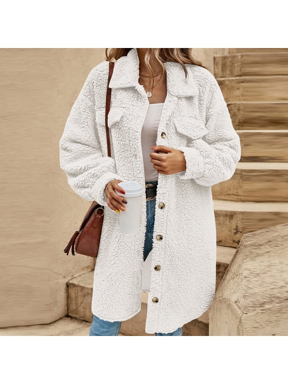 Women's Fuzzy Fleece Jacket Button Down Mid-Length Shacket Coat with Chest Pockets Soft Faux Fur Teddy Fabric Casual Warm Fall Winter Outerwear