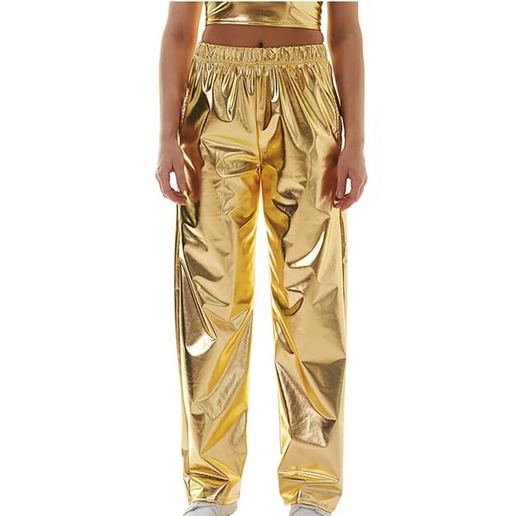 Fengqque Women's Glitter Casual Pants High Street Design High Waist Straight Leg Pants Elastic Waist Loose Pants Gold 4(S)