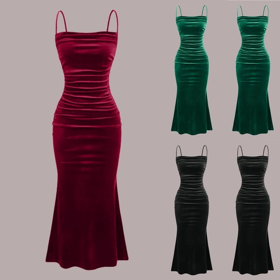 Fengqque Women's Gold Velvet Solid Color Sleeveless Straps Tight-fitting Waist-cinching Fish Tail Dress Wine XS(XS)