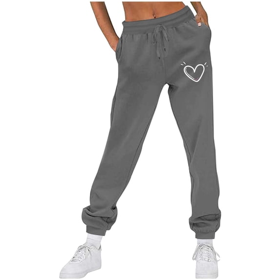 Fengqque Women's Heart Printed Joggers Pants Casual Elastic Waist Drawstring Running Tapered Pants with Pockets Dark Gray-F 12(XXL)
