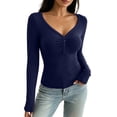 thumbnail image 1 of Fengqque Women’s Henley V Neck Long Sleeve Casual Top, Ruched Front Button Detail Slim Fitted long sleeve tee , Soft Stretchy Basic Top for Fall Winter Blue, 1 of 9