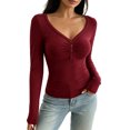 thumbnail image 1 of Fengqque Women’s Henley V Neck Long Sleeve Casual Top, Ruched Front Button Detail Slim Fitted long sleeve tee , Soft Stretchy Basic Top for Fall Winter Wine, 1 of 9