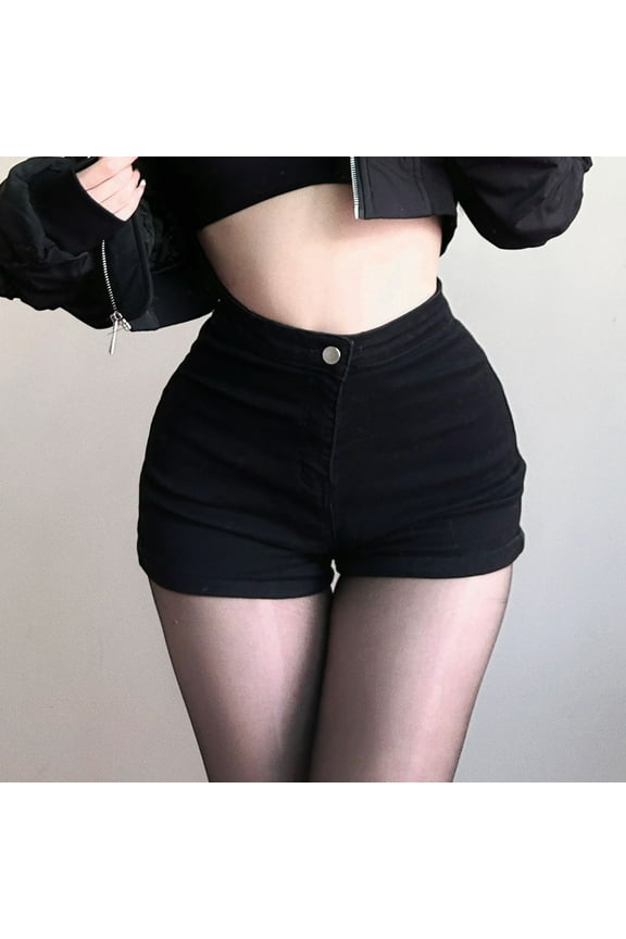 Women's High Waist Denim Shorts Straight Leg Roll Up Hem Button Jean Short Denim Stretchy Skinny Shorts Black-C XXL(XXL)