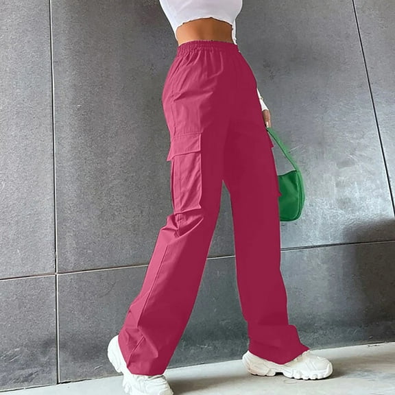 Fengqque Women's High Waisted Cargo Pants Travel Y2K Streetwear Baggy Stretchy Pants with Pockets Hot Pink 10(XL)