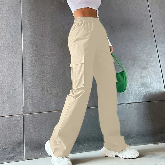 Fengqque Women's High Waisted Cargo Pants Travel Y2K Streetwear Baggy Stretchy Pants with Pockets Khaki 6(M)