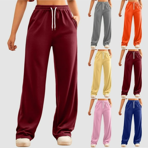 Fengqque Women's High Waisted Drawstring Waist Wide Leg Solid Color Pants Sweatpants Casual Loose with Pockets Yellow 10(XL)