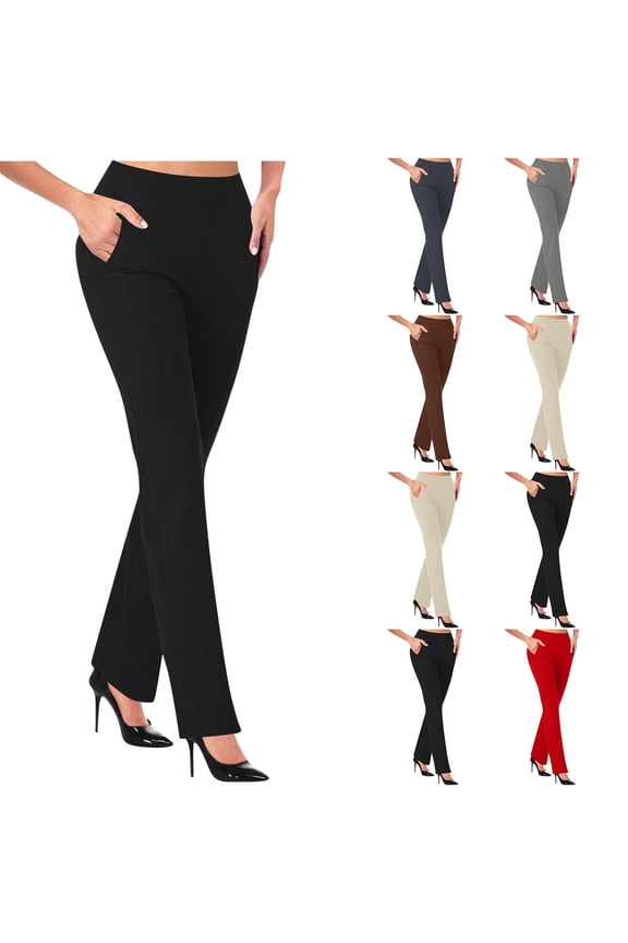 Women's High Waisted Pull On Straight Leg Pants Stretchy Casual Business Work Slacks with Pockets Red 10(XL)