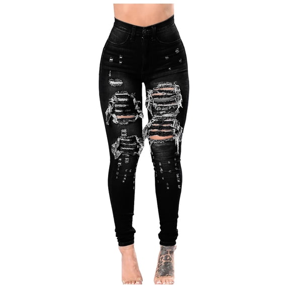 Fengqque Women's High Waisted Skinny Destroyed Ripped Hole Denim Pants Long Stretch Jeans for Women Black-B 10(XL)