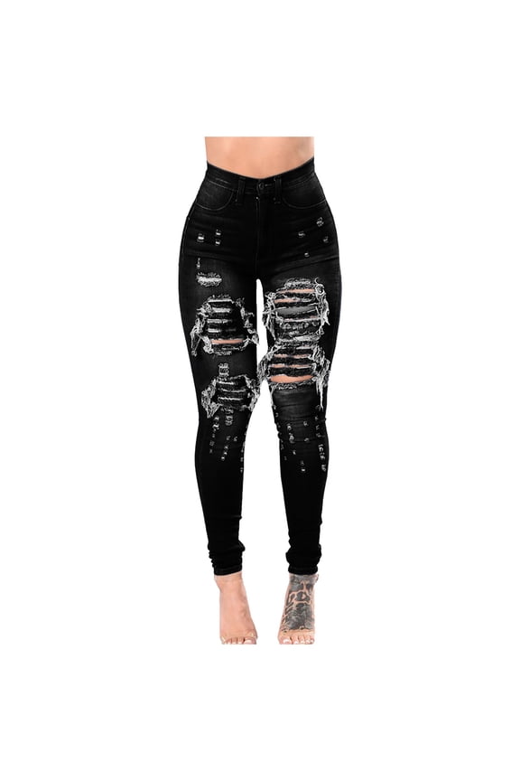 Women's High Waisted Skinny Destroyed Ripped Hole Denim Pants Long Stretch Jeans for Women Black-B 12(XXL)