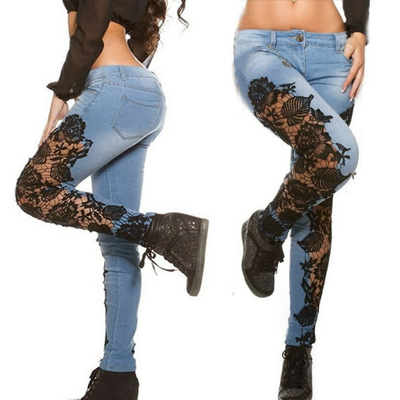 Fengqque Women's Hollow Out High Waist Jeans Lace Skinny Pencil Jeans Stretch Slim Fitness Jeans for Women Black-F 6-8(M)
