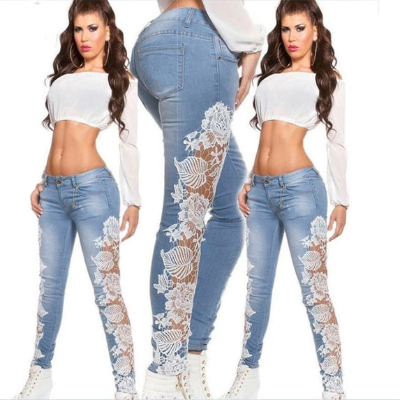 Fengqque Women's Hollow Out High Waist Jeans Lace Skinny Pencil Jeans Stretch Slim Fitness Jeans for Women White-F 8-10(L)