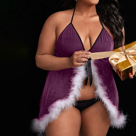 Fengqque Women's Home Underwear Christmas Erotic Lingerie Gold Velvet Stitching Sexy Lingerie Dress