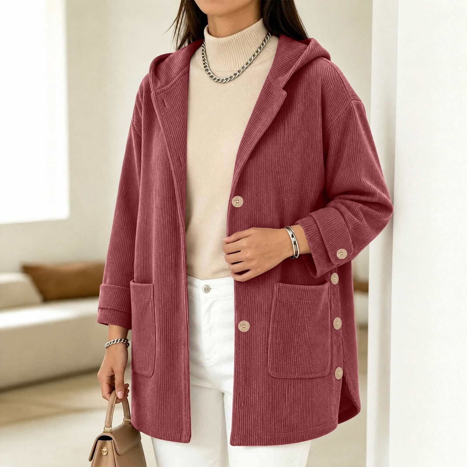 Fengqque Women's Hooded Corduroy Coat Lapel Button Front Mid‑Length ...