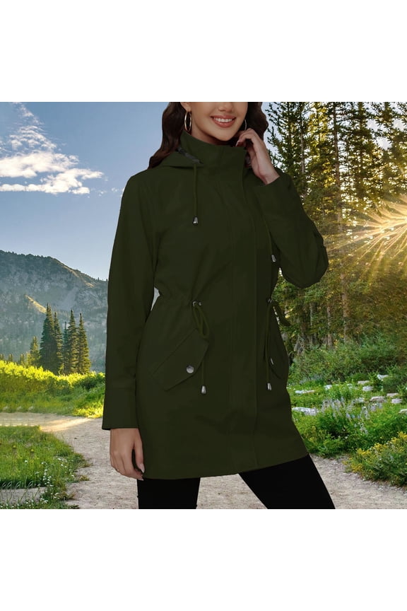 Women's Hooded Drawstring Waist-cinching Jacket Lightweight Casual Jackets Utility Coats with Pocket Army Green L(L)
