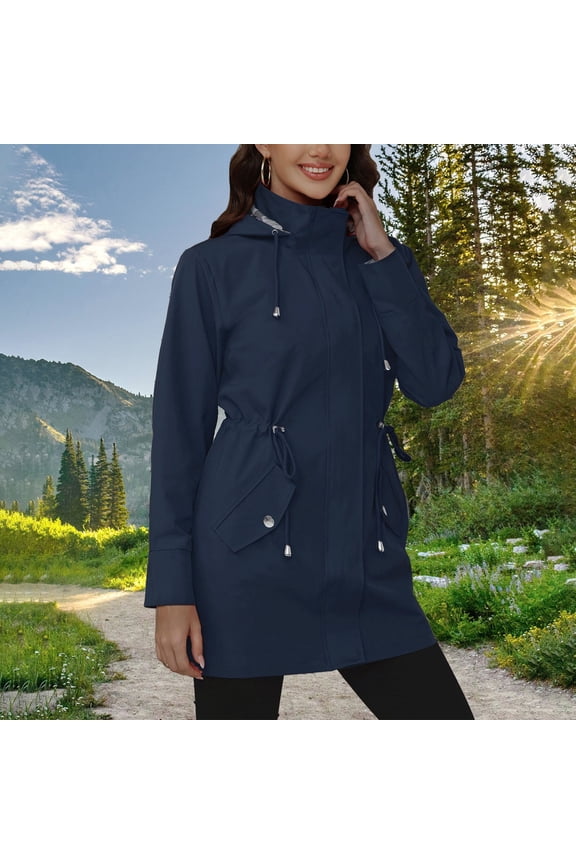 Women's Hooded Drawstring Waist-cinching Jacket Lightweight Casual Jackets Utility Coats with Pocket Navy XL(XL)