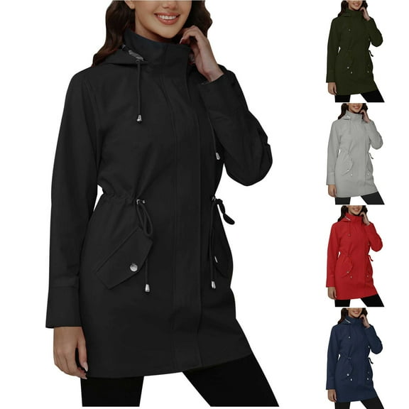 Fengqque Women's Hooded Drawstring Waist-cinching Jacket Lightweight Casual Jackets Utility Coats with Pocket Red XL(XL)