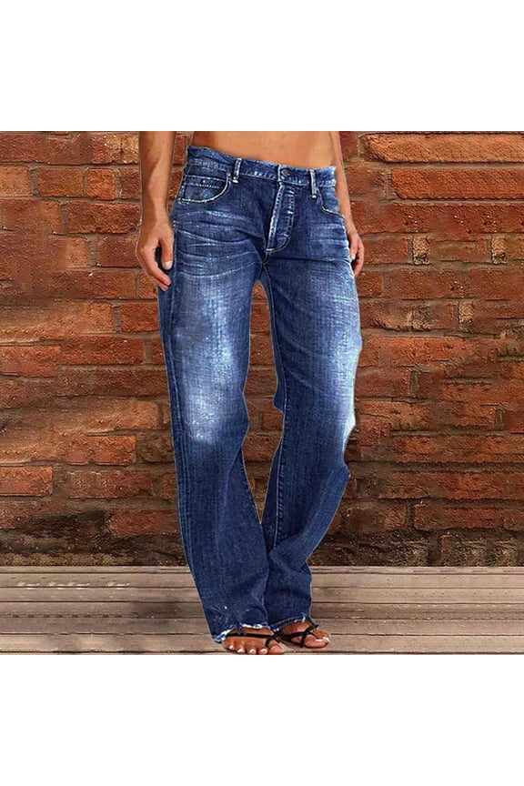 Women's Jeans High Waisted Straight Leg Stretchy Jeans Loose Wide Leg Denim Pants with Pockets Blue-A XS(XS)