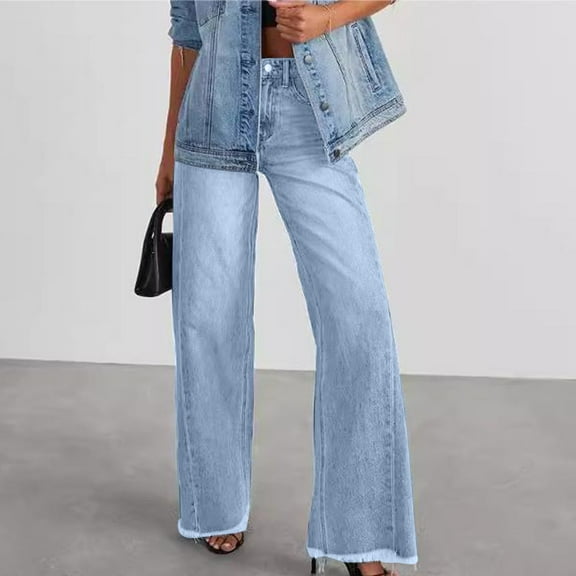 Fengqque Women's Jeans High Waisted Straight Leg Stretchy Jeans Trendy Pockets Loose Wide Leg Denim Pants Light Blue 4(S)