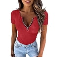 thumbnail image 1 of Fengqque Women's Knitted Rib T Shirt Half Zip V Neck Short Sleeve Casual Summer Slim Fit Top Red L(L), 1 of 7