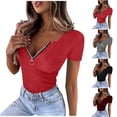 thumbnail image 1 of Fengqque Women's Knitted Rib T Shirt Half Zip V Neck Short Sleeve Casual Summer Slim Fit Top Wine XL(XL), 1 of 7