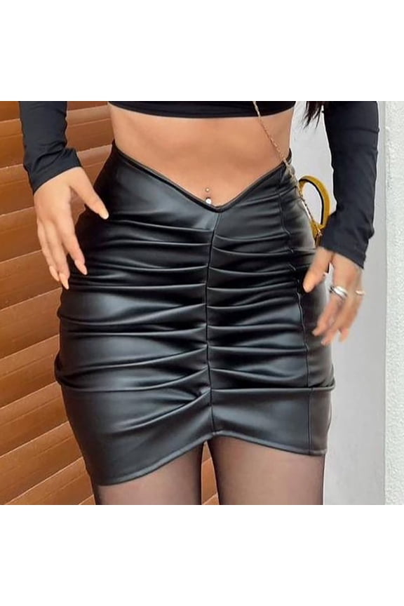 Women's Leather Skirts High Waisted Pleated High Side Slit Bodycon Mini Skirts Half Skirt Leather Skirt Black L(L)